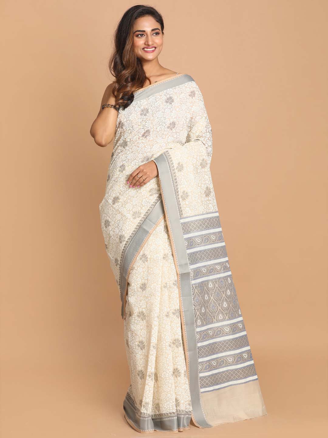 Indethnic Printed Cotton Blend Saree in Grey - View 1