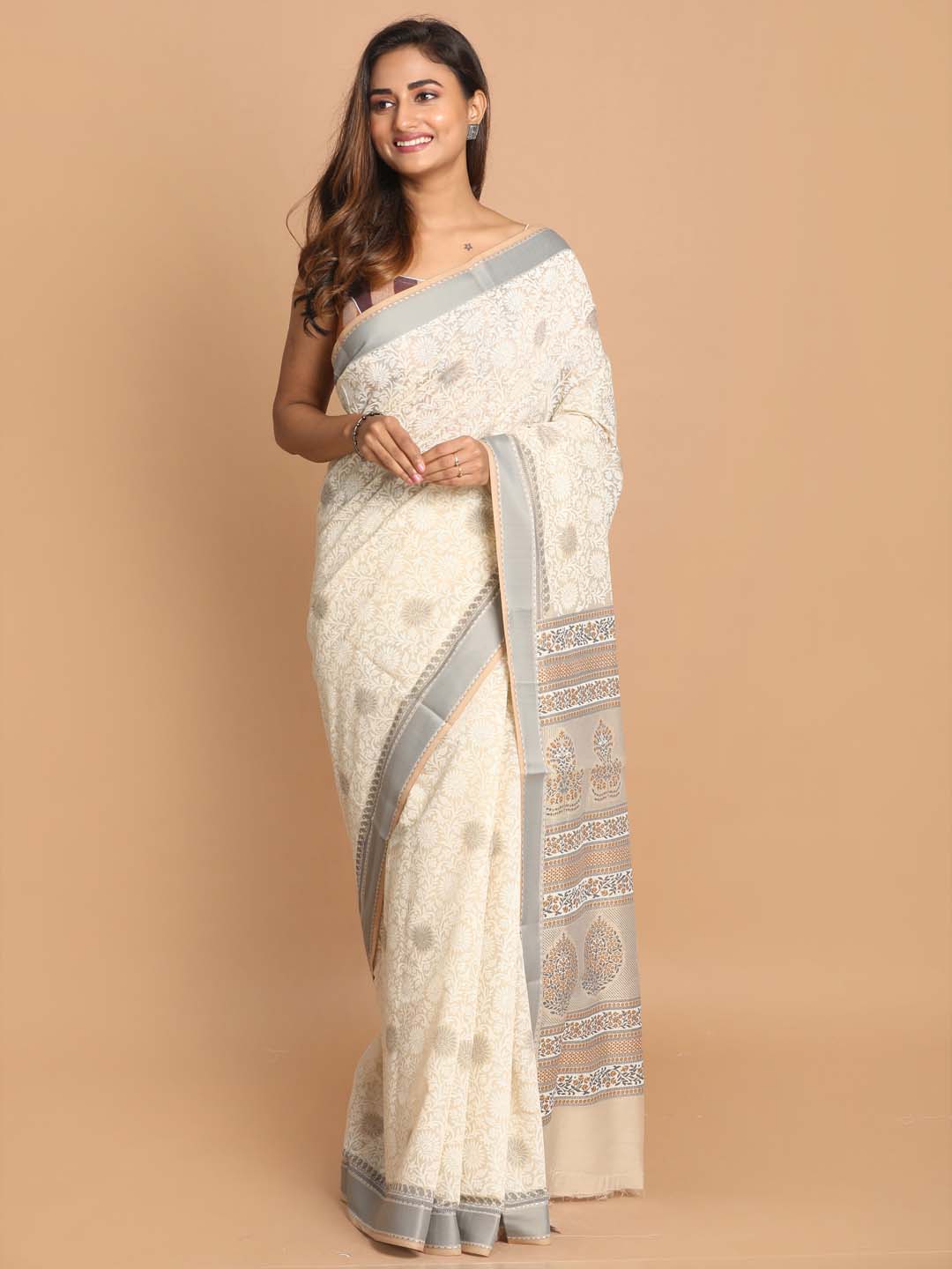 Indethnic Printed Cotton Blend Saree in Grey - View 1