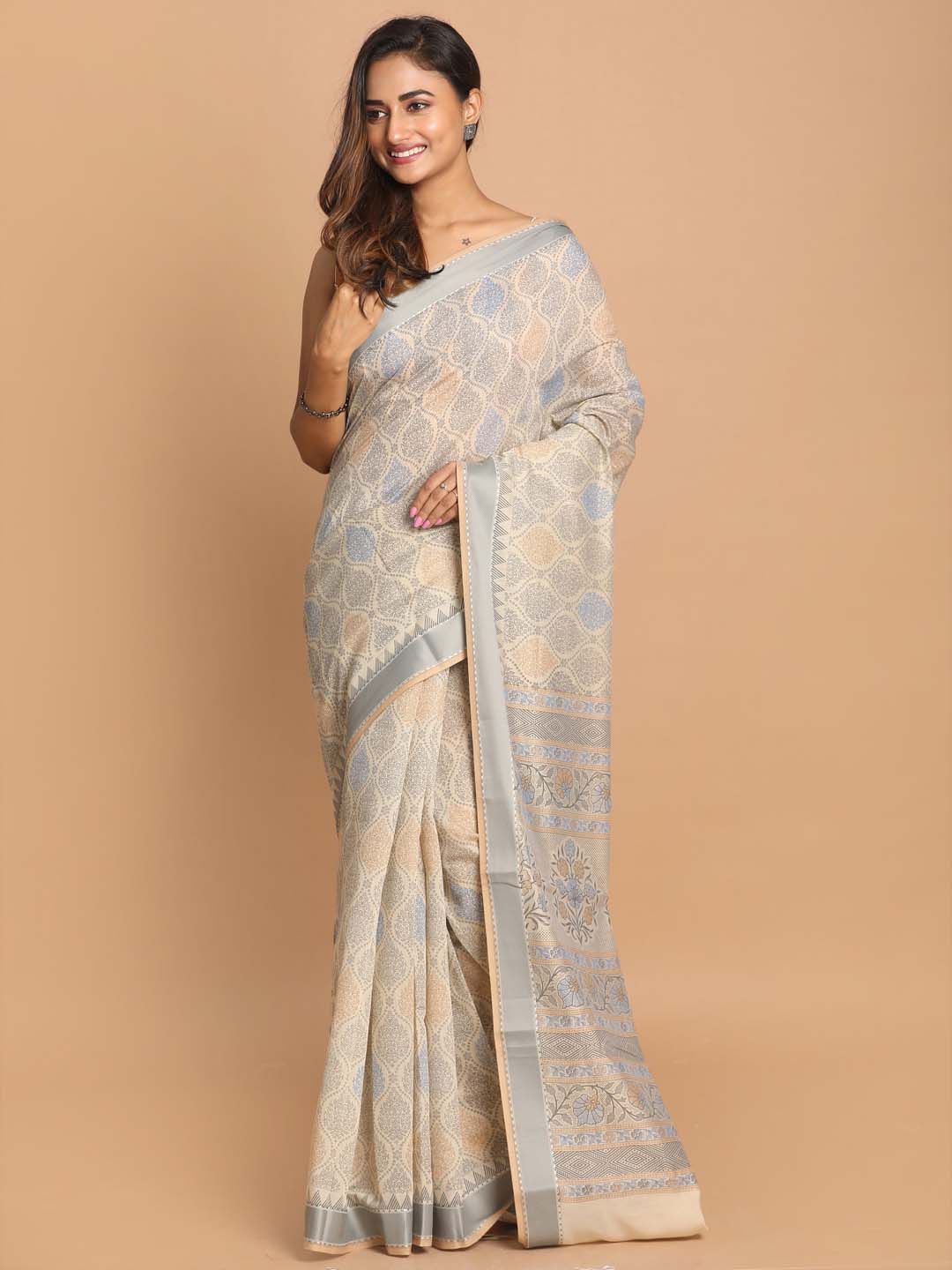 Indethnic Printed Cotton Blend Saree in Grey - View 1