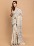 Indethnic Printed Cotton Blend Saree in Grey - View 1