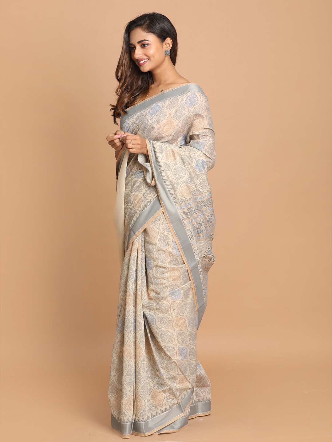 Indethnic Printed Cotton Blend Saree in Grey - View 1