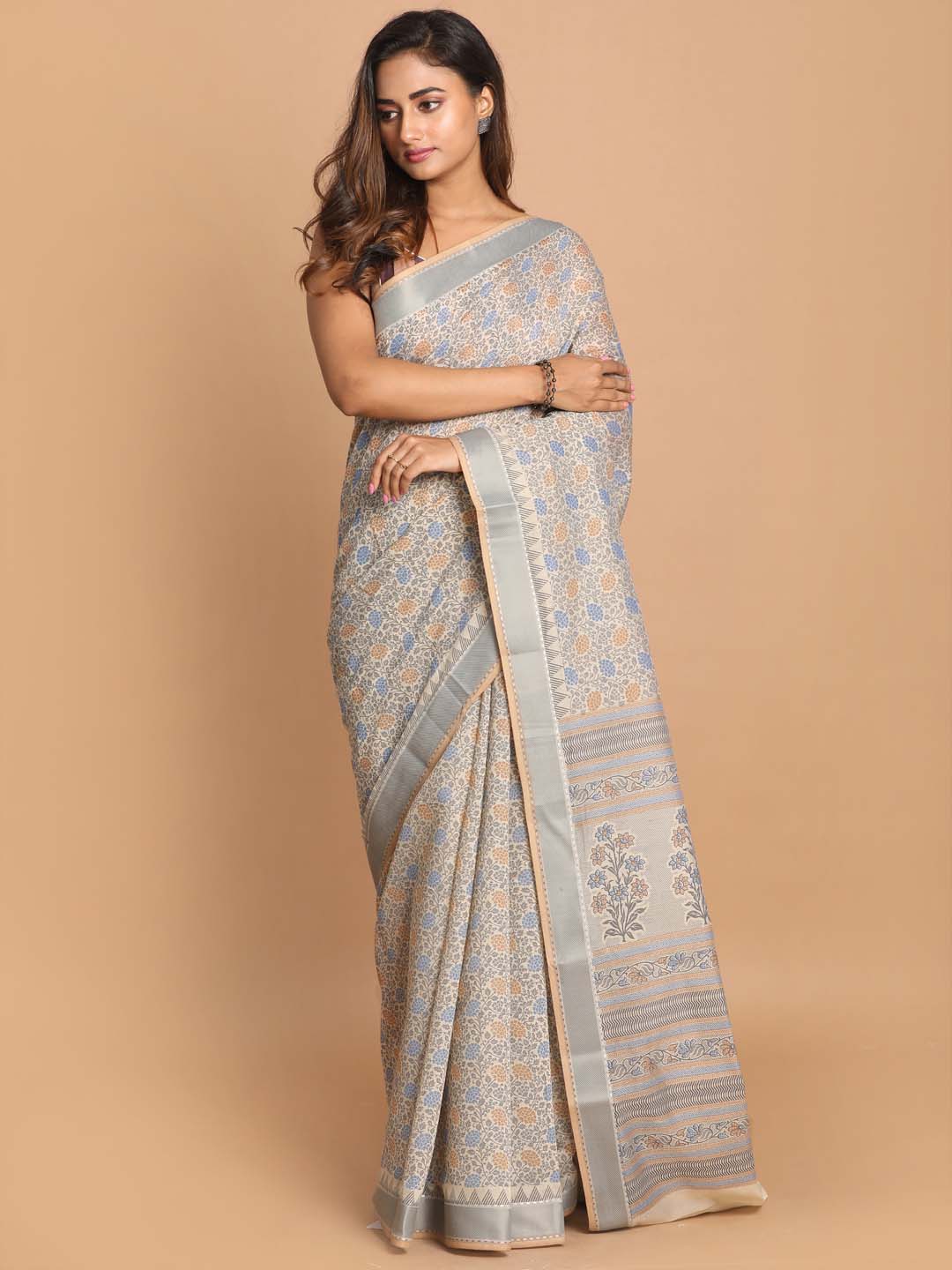 Indethnic Printed Cotton Blend Saree in Grey - View 1