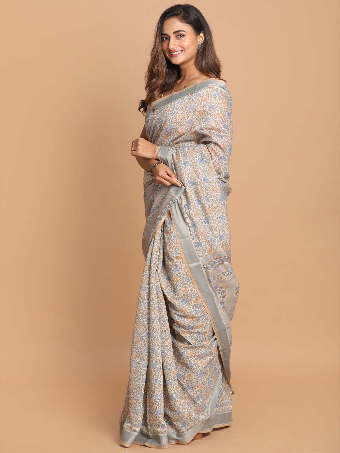 Indethnic Printed Cotton Blend Saree in Grey - View 2