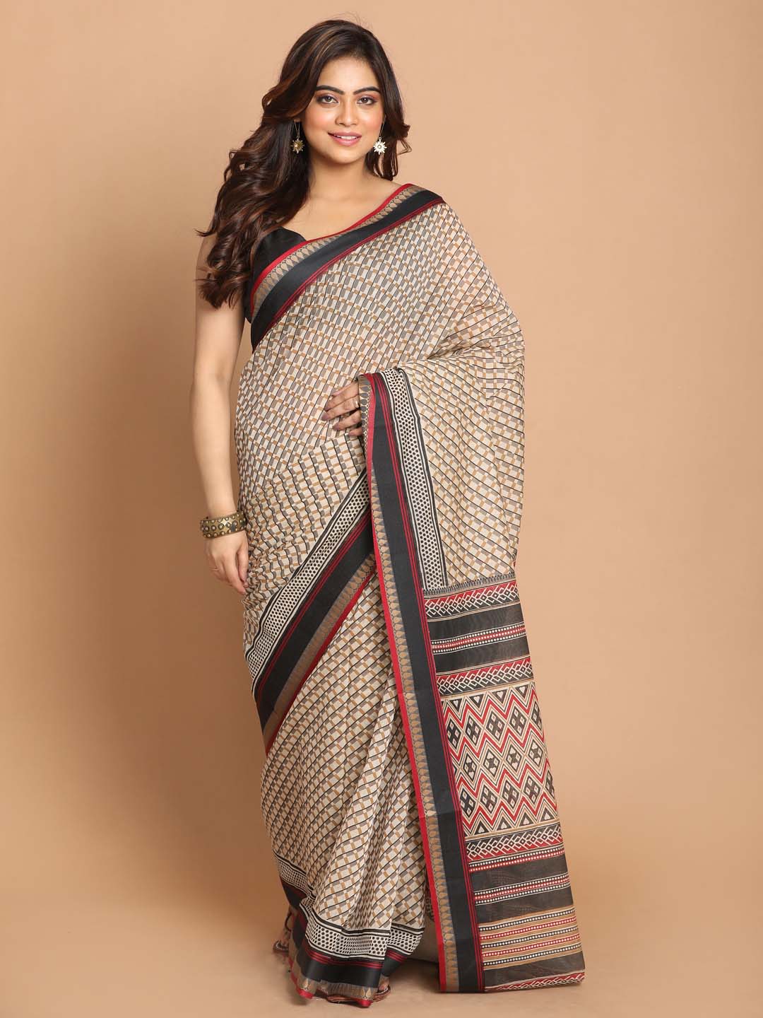 Indethnic Printed Cotton Blend Saree in Grey - View 1