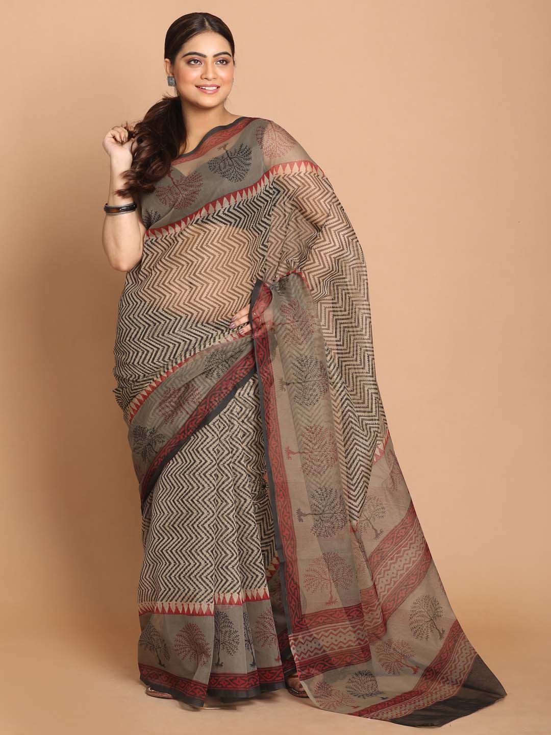 Indethnic Printed Cotton Blend Saree in Grey - View 2