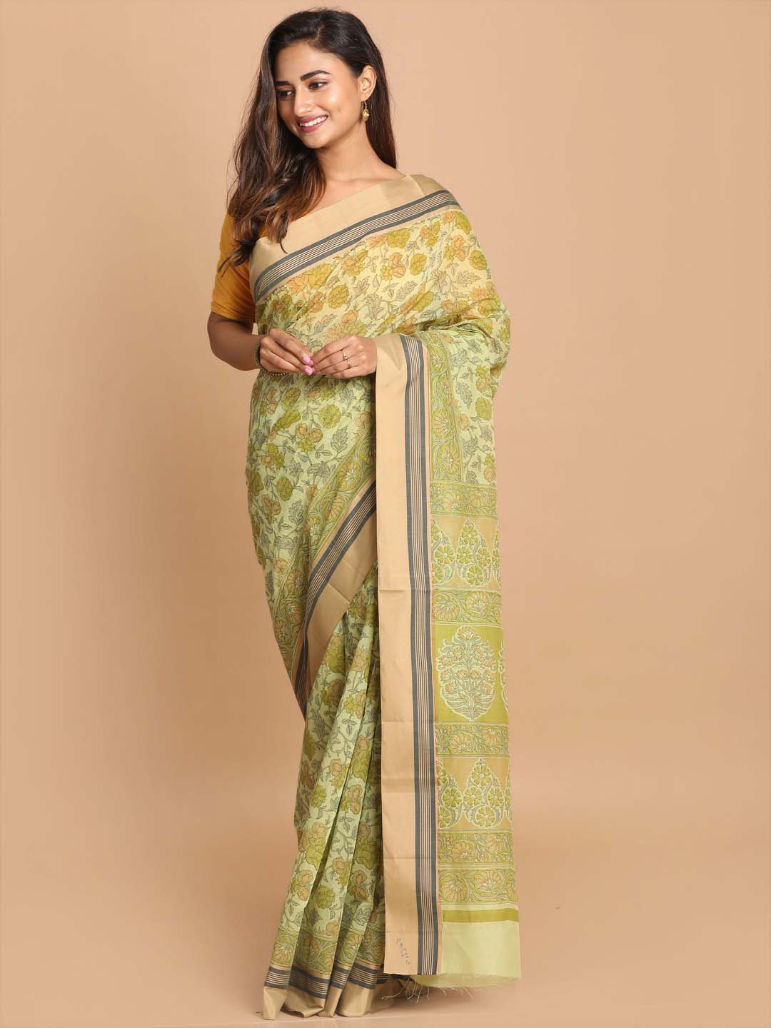 Indethnic Printed Cotton Blend Saree in lime green - View 1