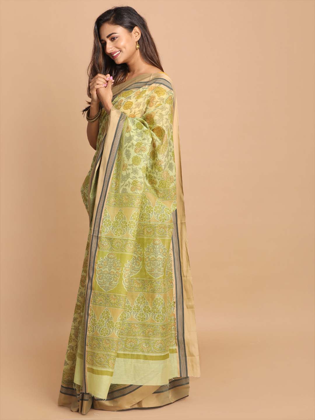 Indethnic Printed Cotton Blend Saree in lime green - View 2