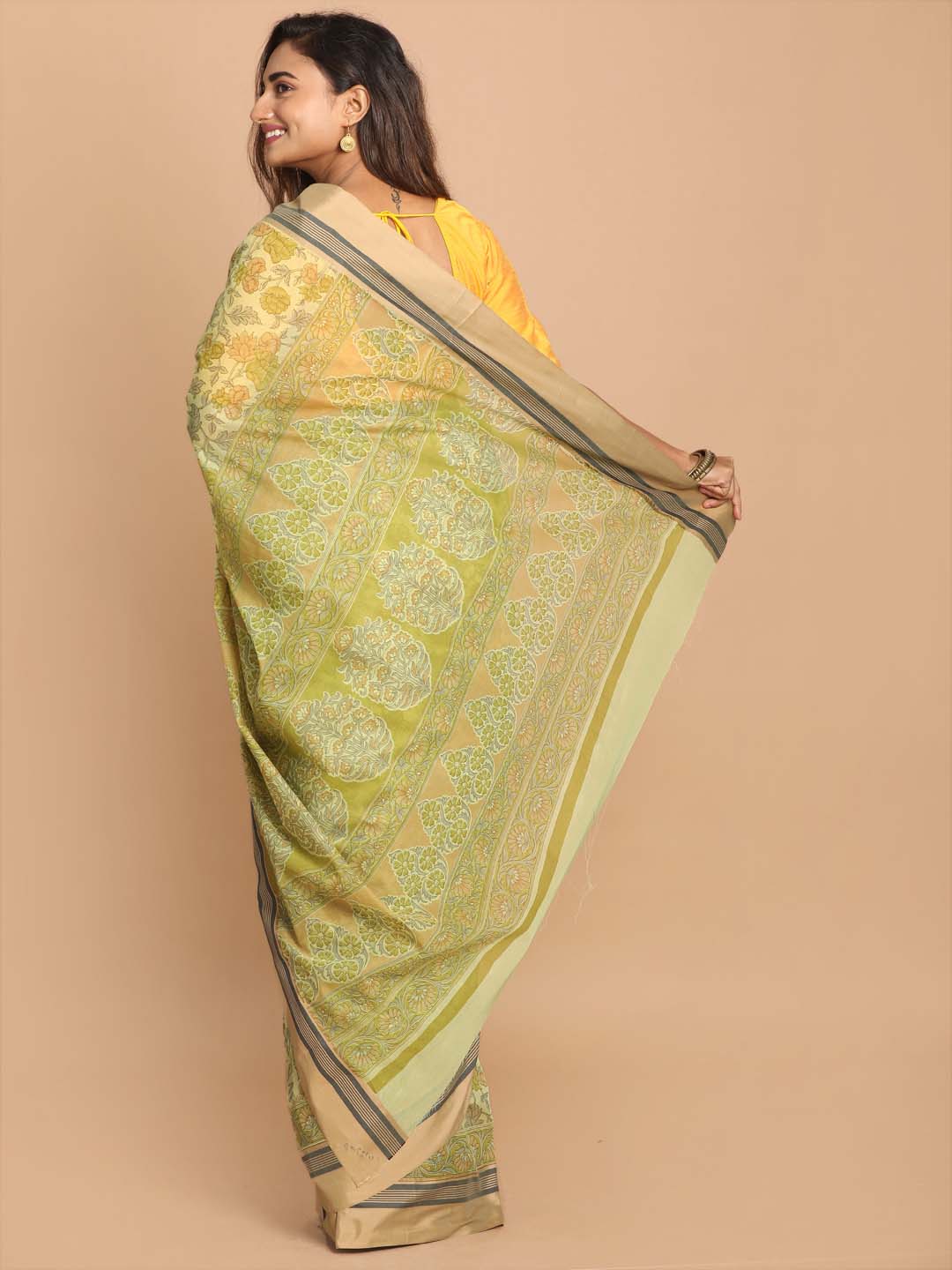 Indethnic Printed Cotton Blend Saree in lime green - View 3