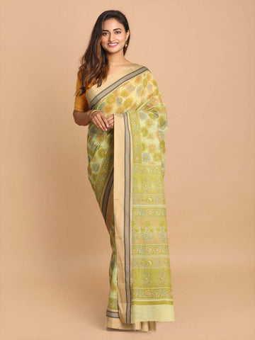 PRINTED COTTON BLEND SAREE IN LIME GREEN (GADWAL COTTON BLEND SAREE)