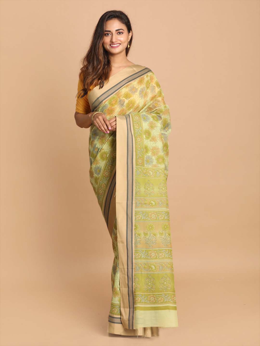 Indethnic Printed Cotton Blend Saree in lime green - View 1