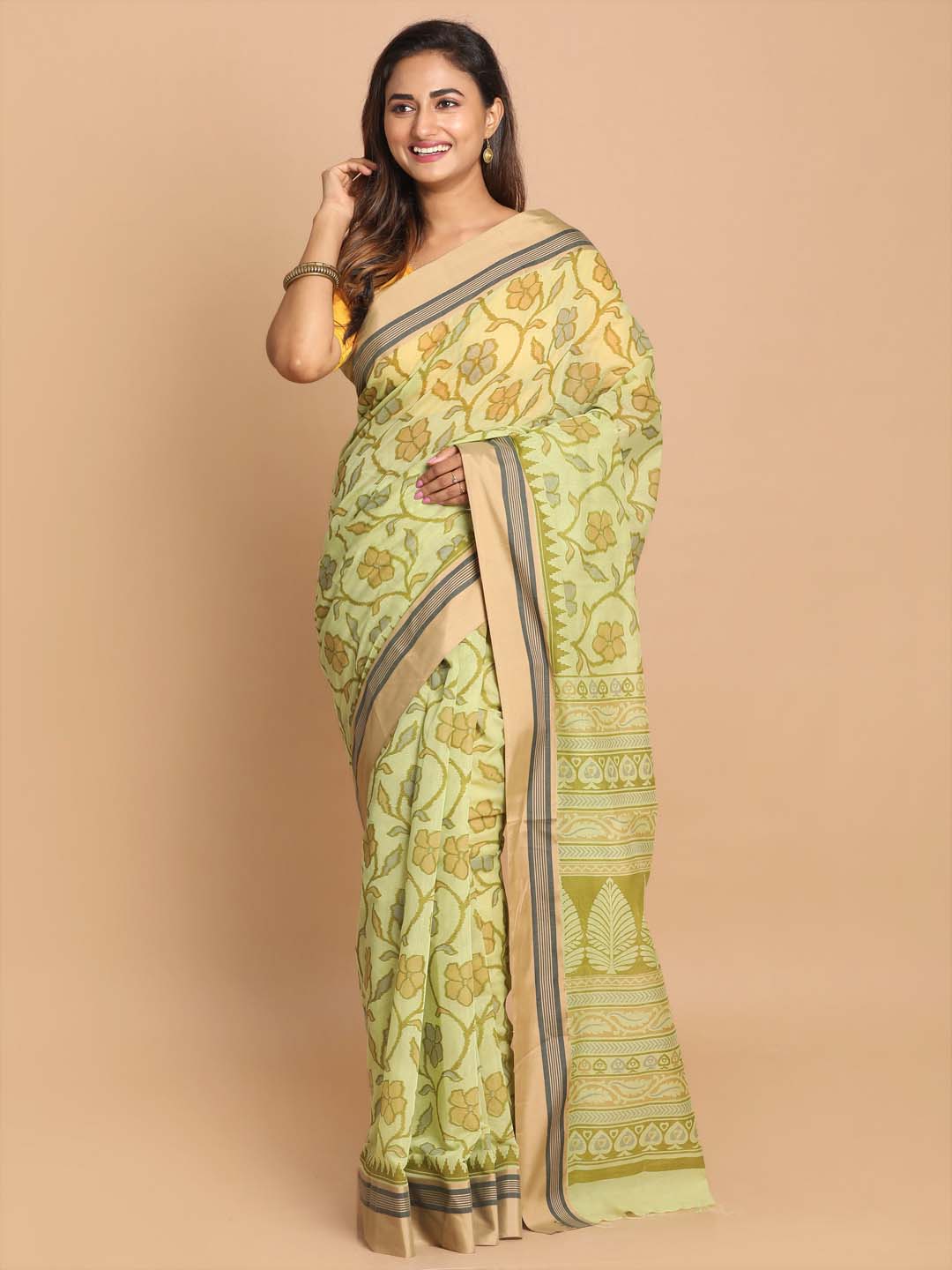 Indethnic Printed Cotton Blend Saree in lime green - View 1