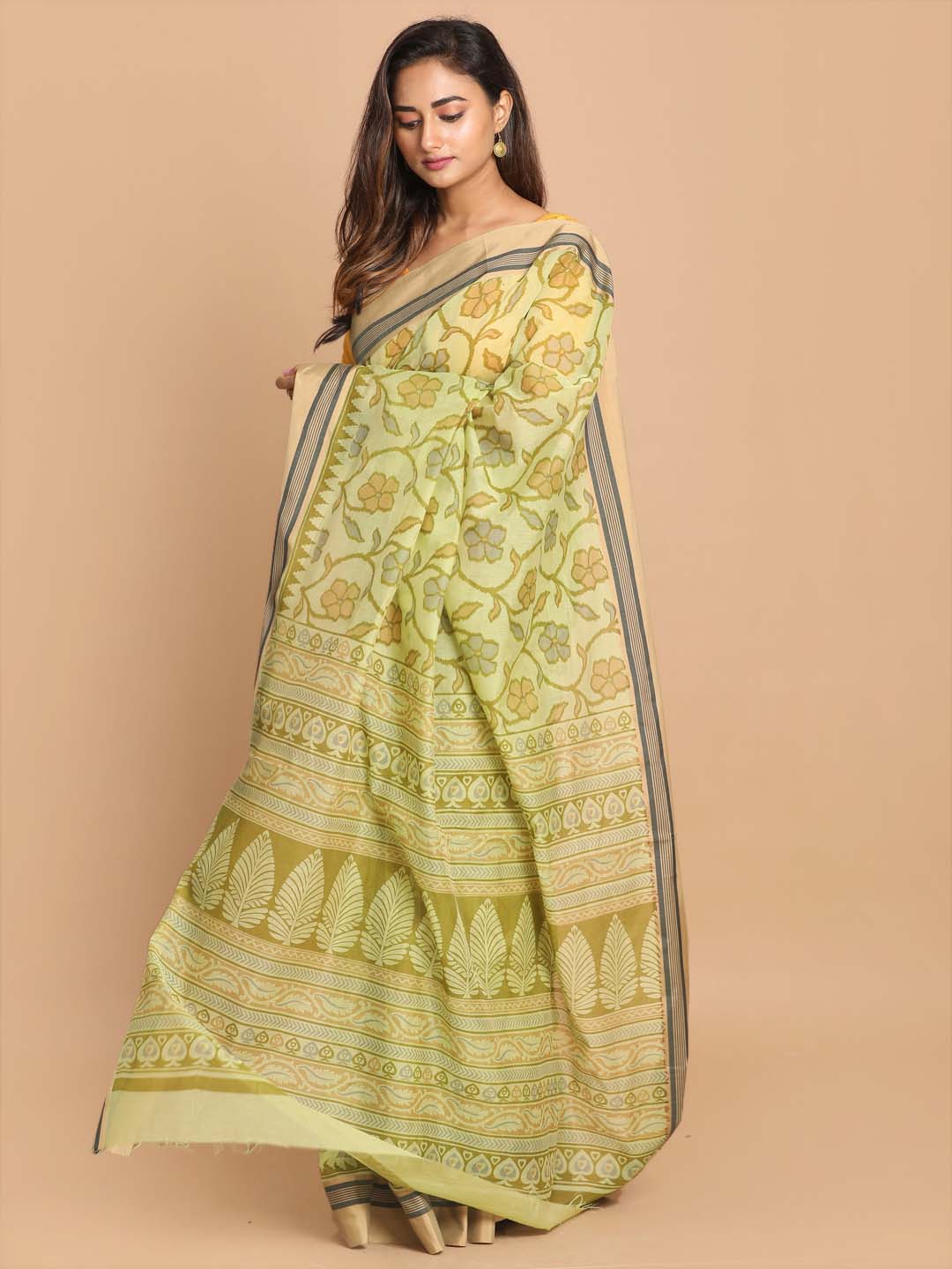Indethnic Printed Cotton Blend Saree in lime green - View 2