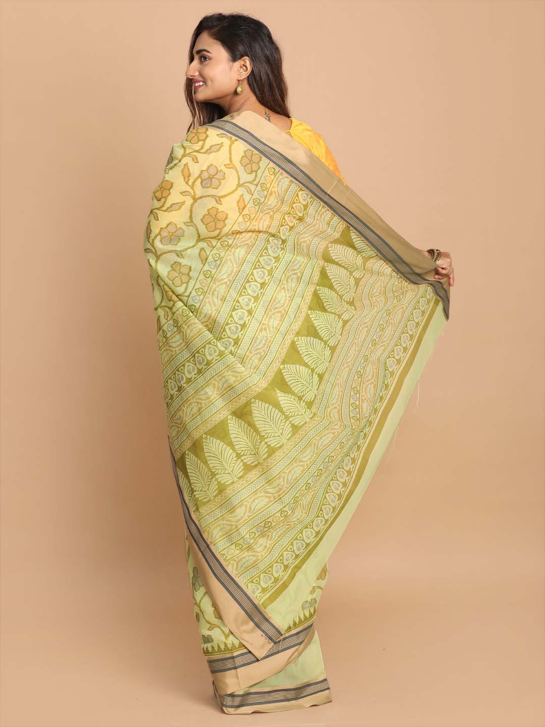 Indethnic Printed Cotton Blend Saree in lime green - View 3