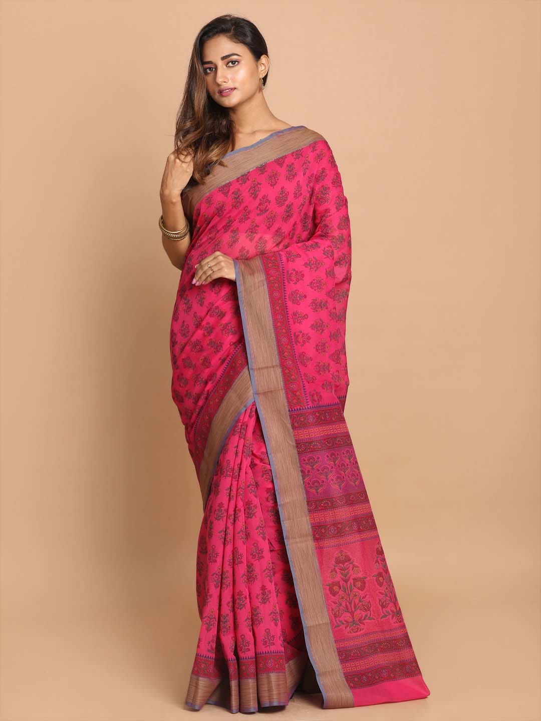 Indethnic Printed Cotton Blend Saree in Magenta - View 1