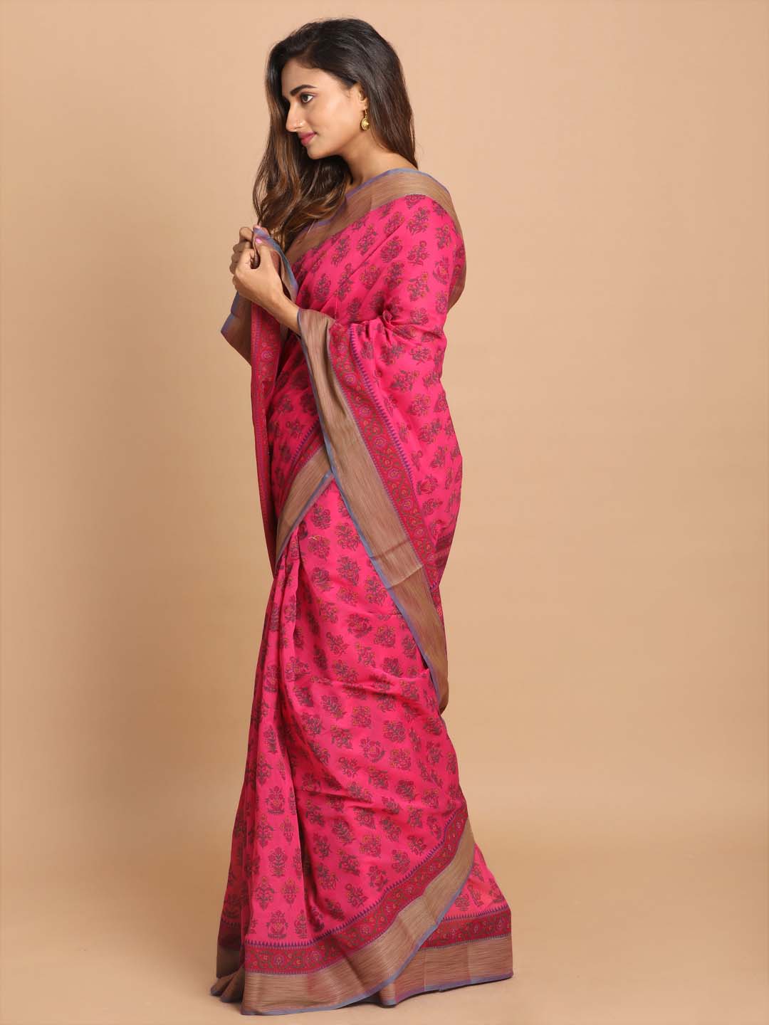 Indethnic Printed Cotton Blend Saree in Magenta - View 2