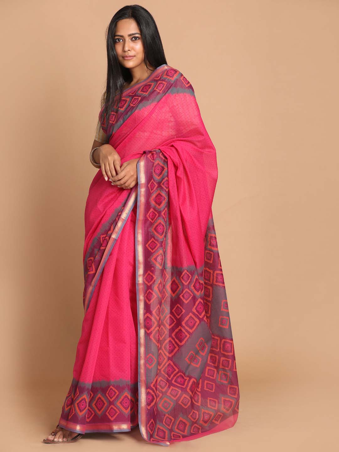 Indethnic Printed Cotton Blend Saree in Magenta - View 1