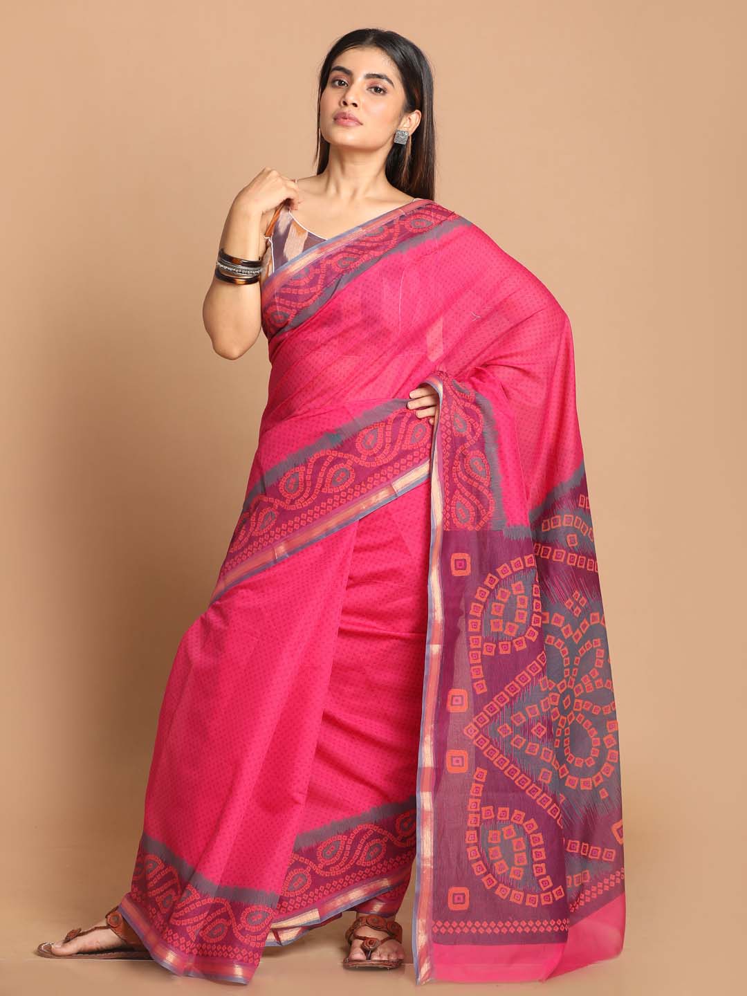 Indethnic Printed Cotton Blend Saree in Magenta - View 1