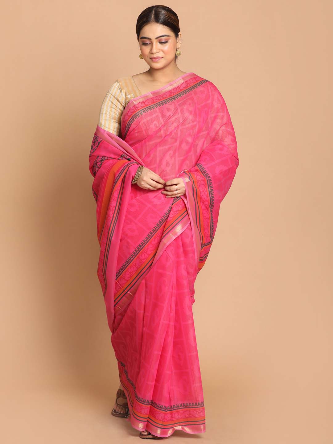 Indethnic Printed Cotton Blend Saree in Magenta - View 1