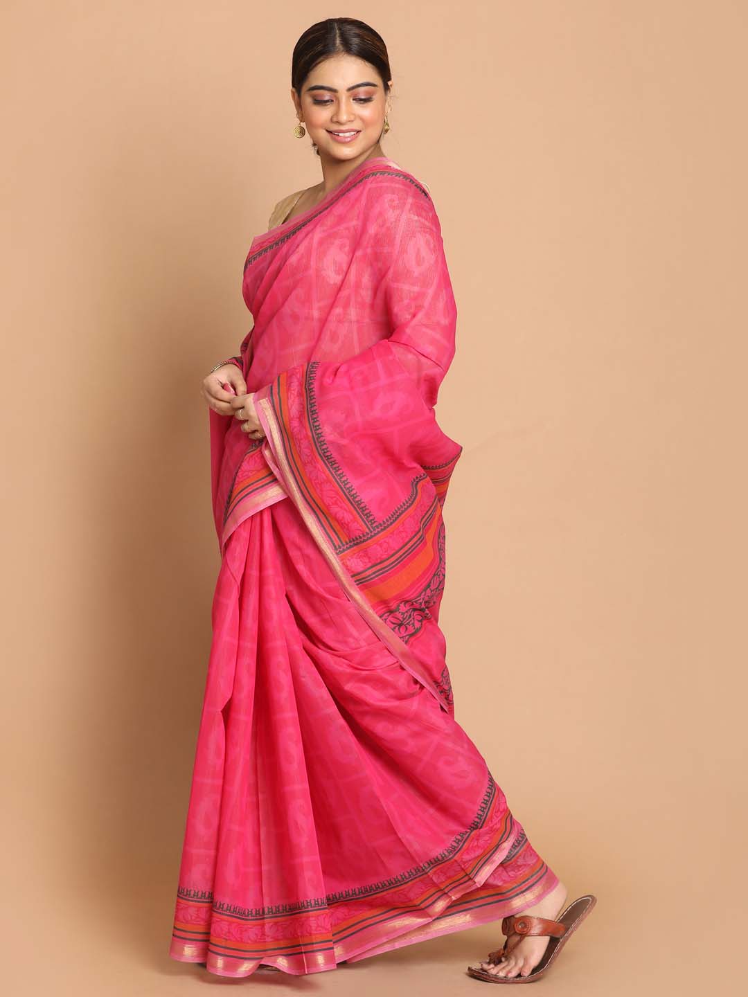 Indethnic Printed Cotton Blend Saree in Magenta - View 2