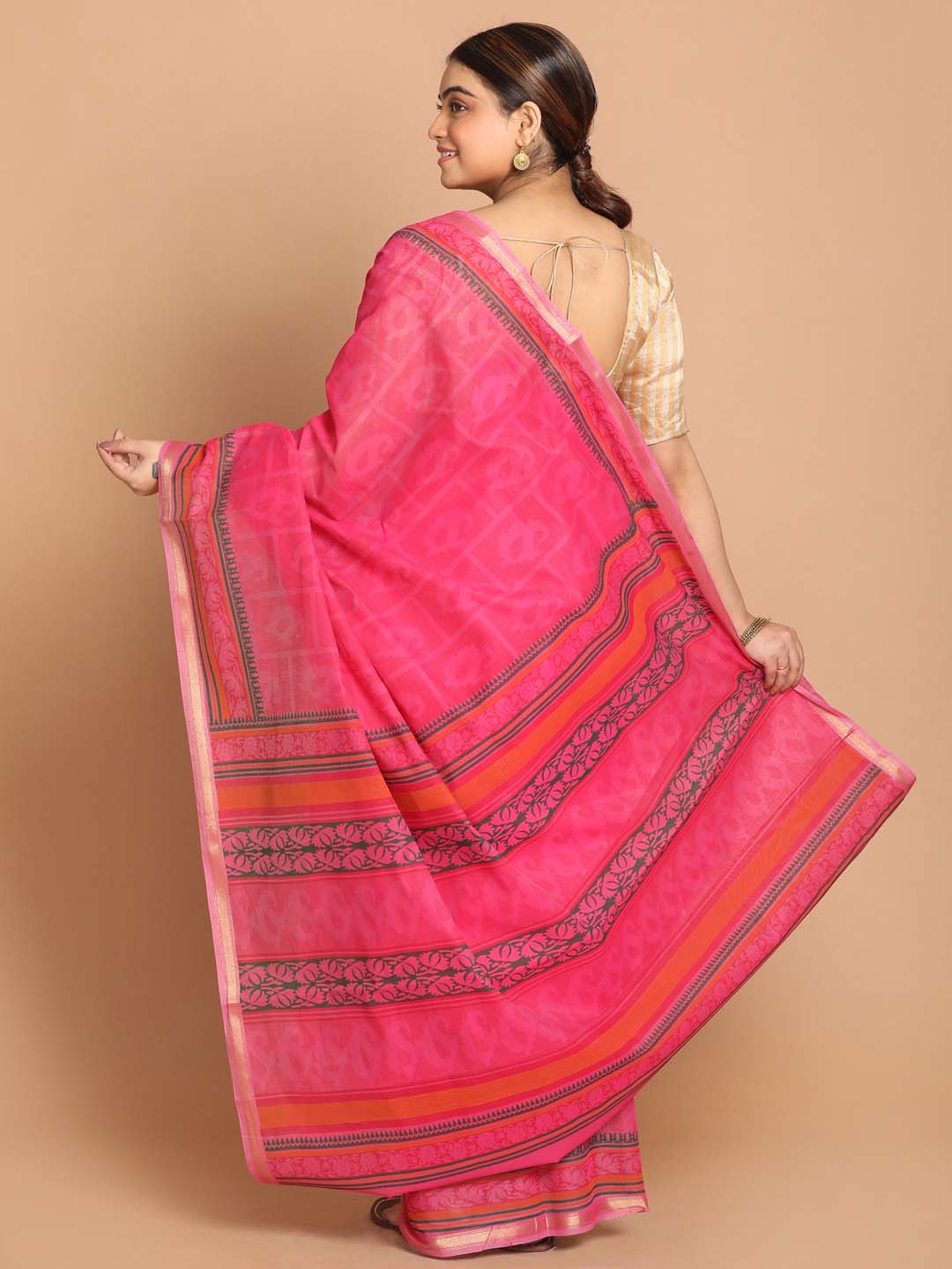 Indethnic Printed Cotton Blend Saree in Magenta - View 3