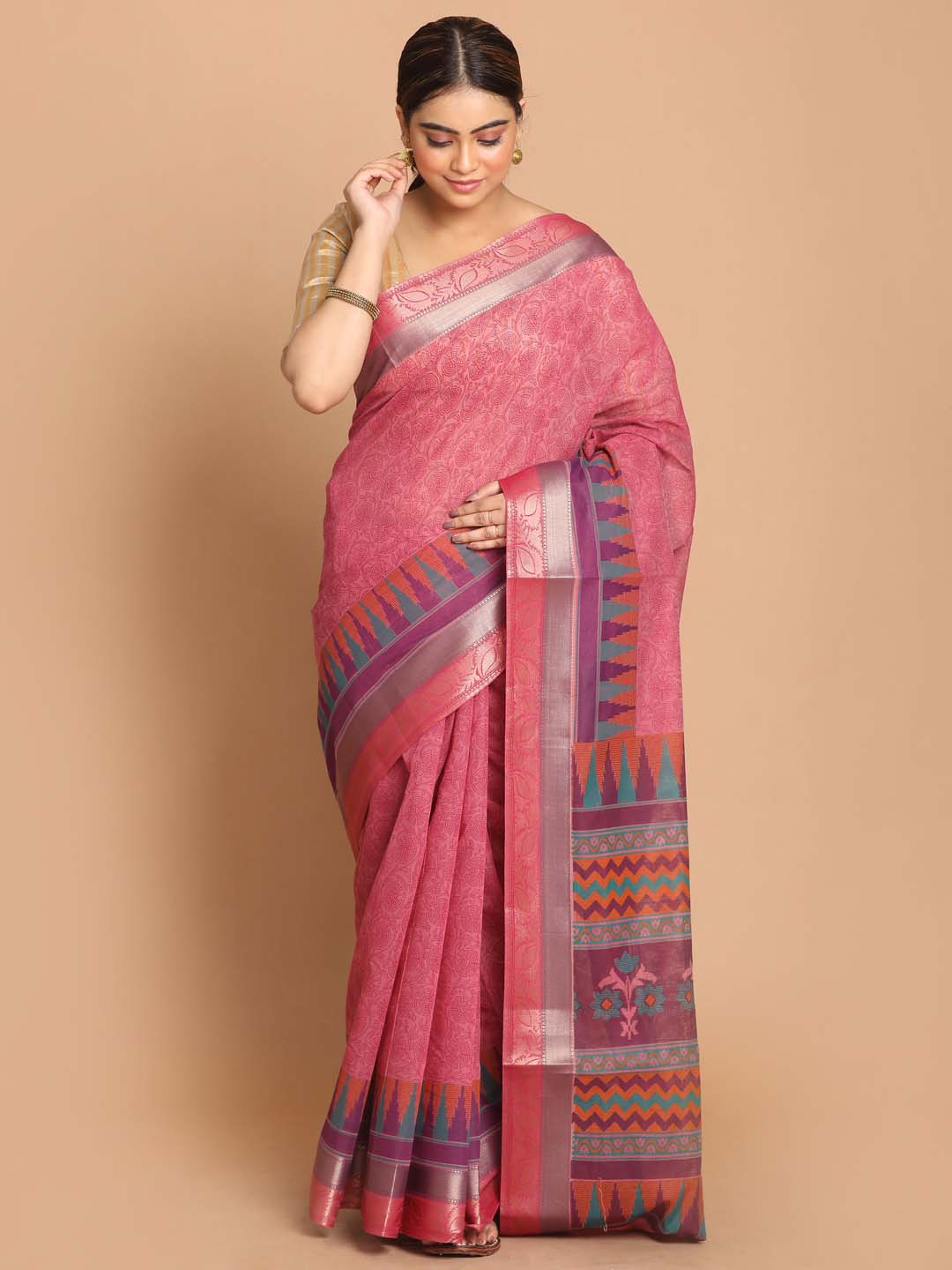 Indethnic Printed Cotton Blend Saree in Magenta - View 2