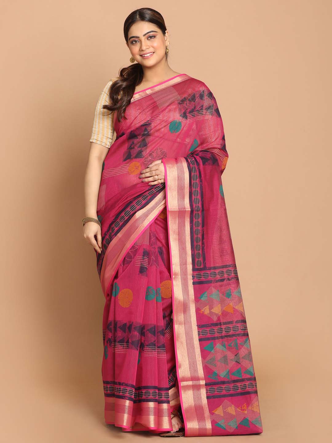 Indethnic Printed Cotton Blend Saree in Magenta - View 1