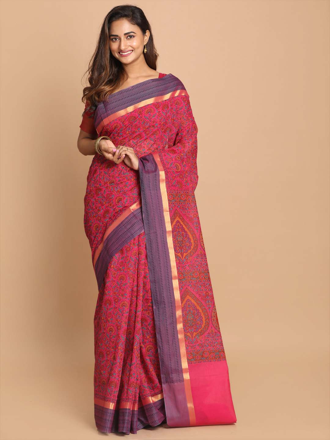 Indethnic Printed Cotton Blend Saree in Magenta - View 1