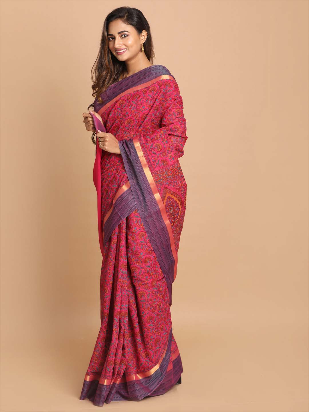 Indethnic Printed Cotton Blend Saree in Magenta - View 2