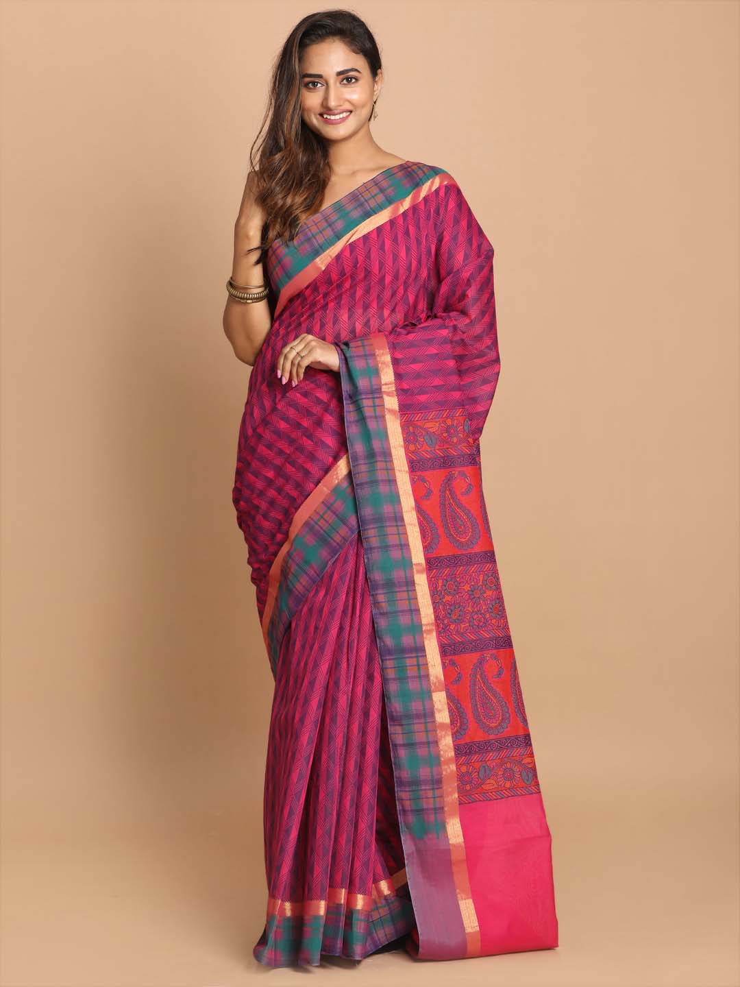 Indethnic Printed Cotton Blend Saree in Magenta - View 1