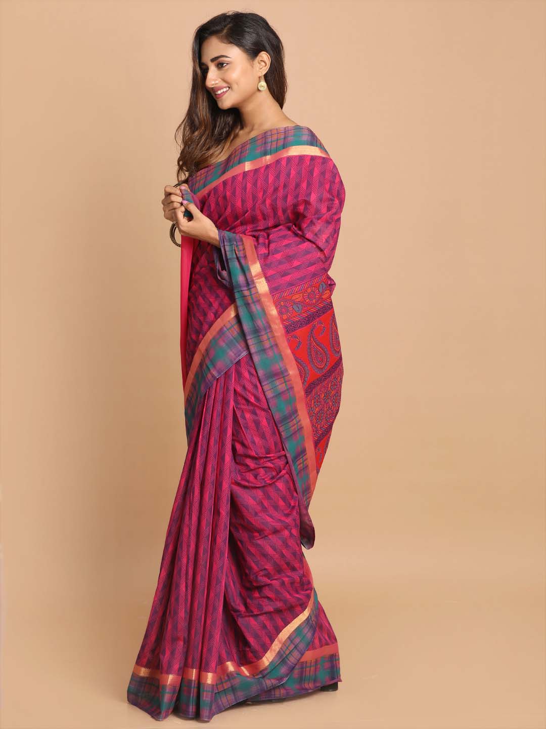 Indethnic Printed Cotton Blend Saree in Magenta - View 2