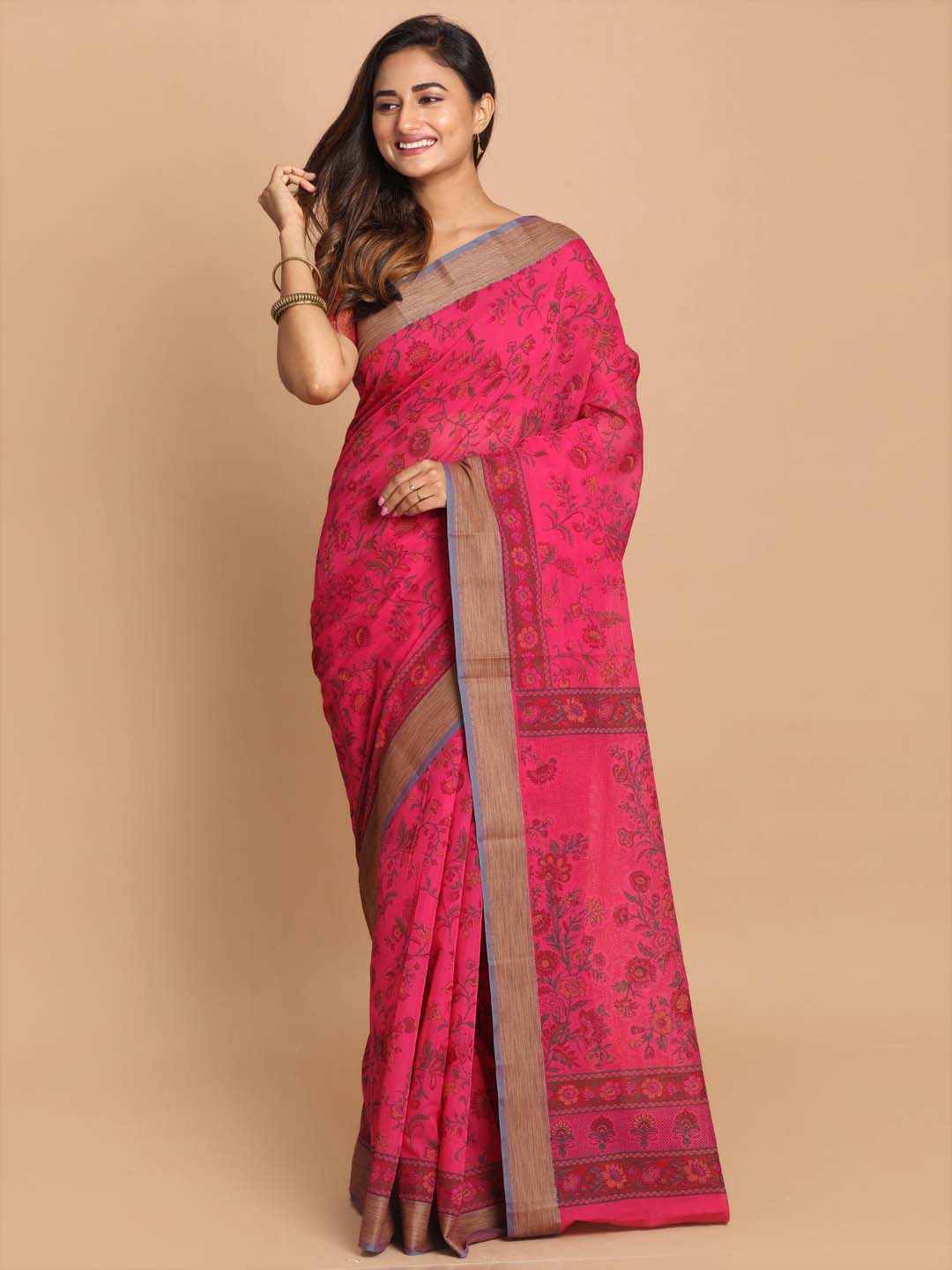 Indethnic Printed Cotton Blend Saree in Magenta - View 1