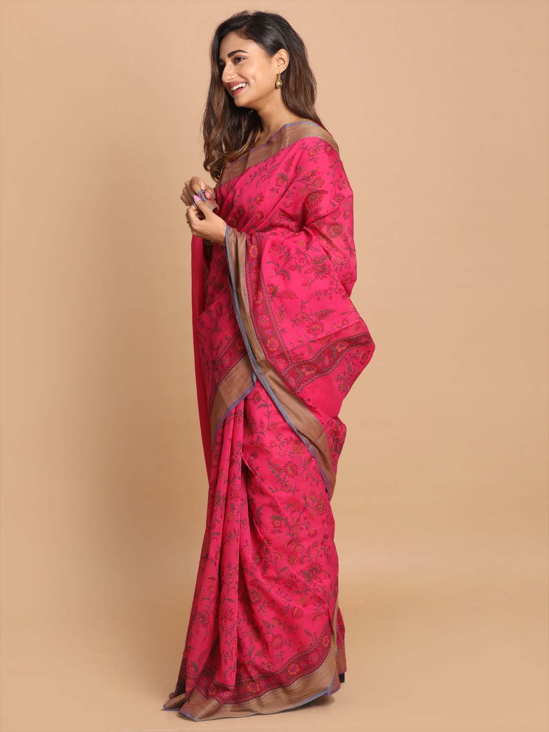 Indethnic Printed Cotton Blend Saree in Magenta - View 2