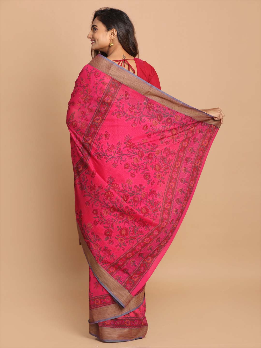 Indethnic Printed Cotton Blend Saree in Magenta - View 3