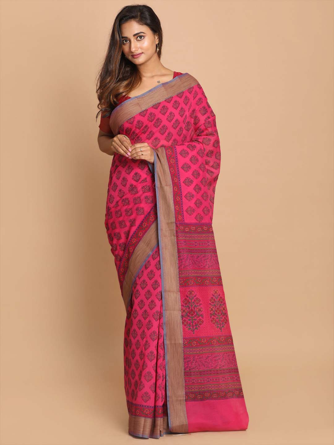 Indethnic Printed Cotton Blend Saree in Magenta - View 1