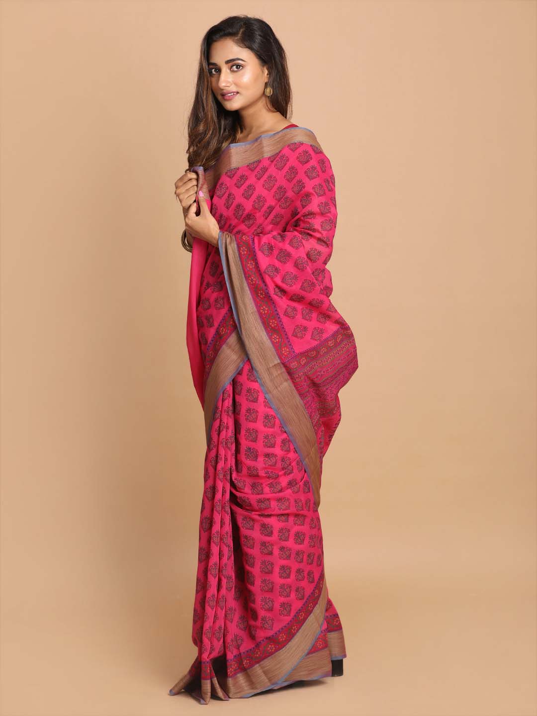 Indethnic Printed Cotton Blend Saree in Magenta - View 2