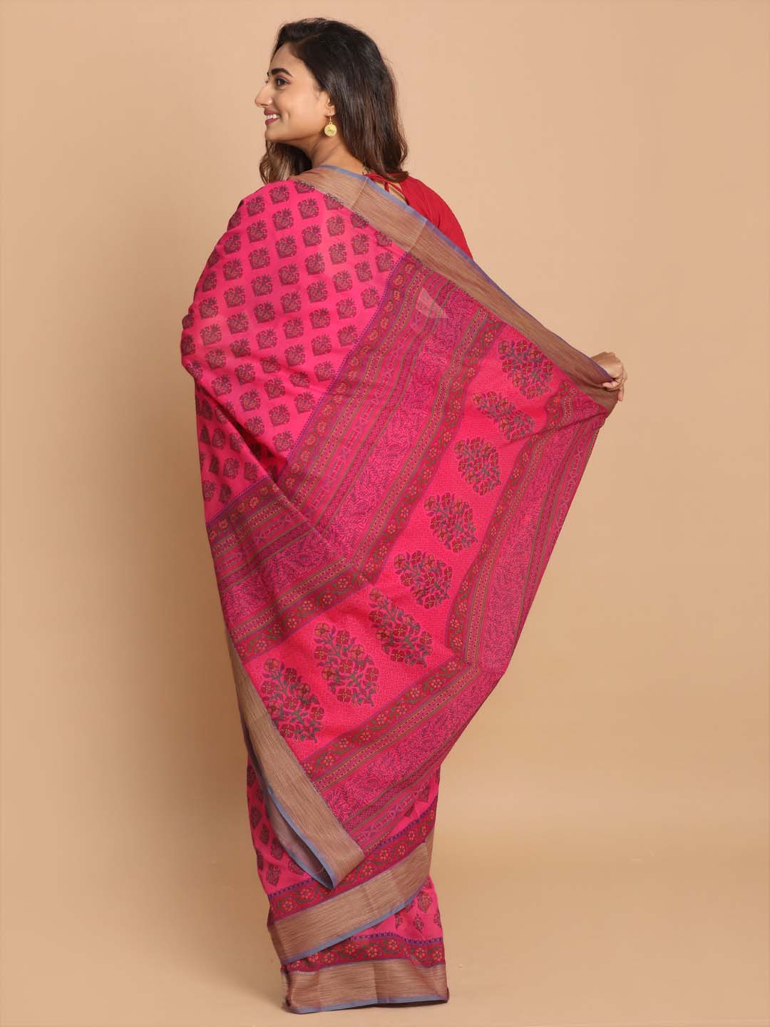 Indethnic Printed Cotton Blend Saree in Magenta - View 3