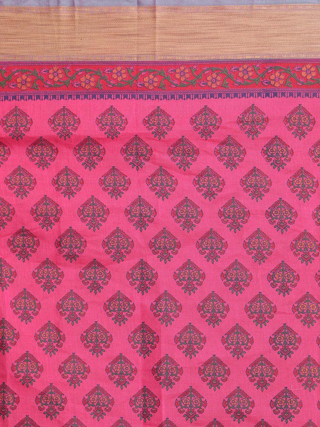 Indethnic Printed Cotton Blend Saree in Magenta - Saree Detail View