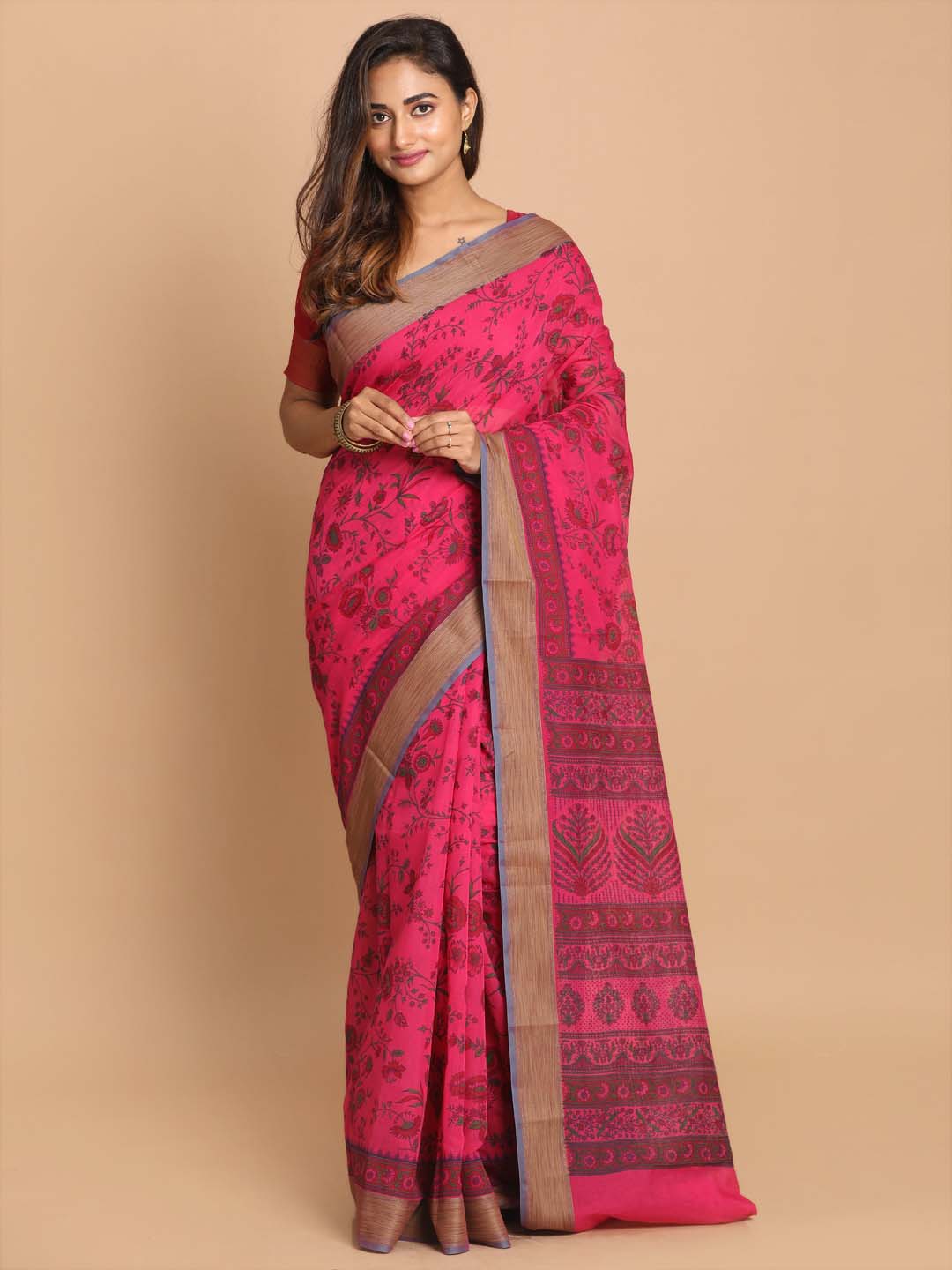 Indethnic Printed Cotton Blend Saree in Magenta - View 1