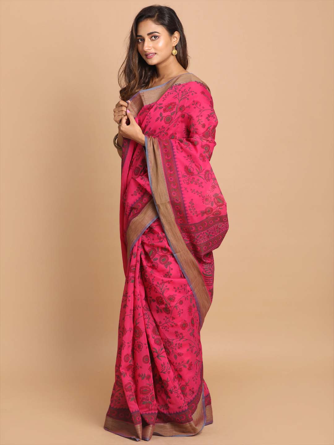 Indethnic Printed Cotton Blend Saree in Magenta - View 2