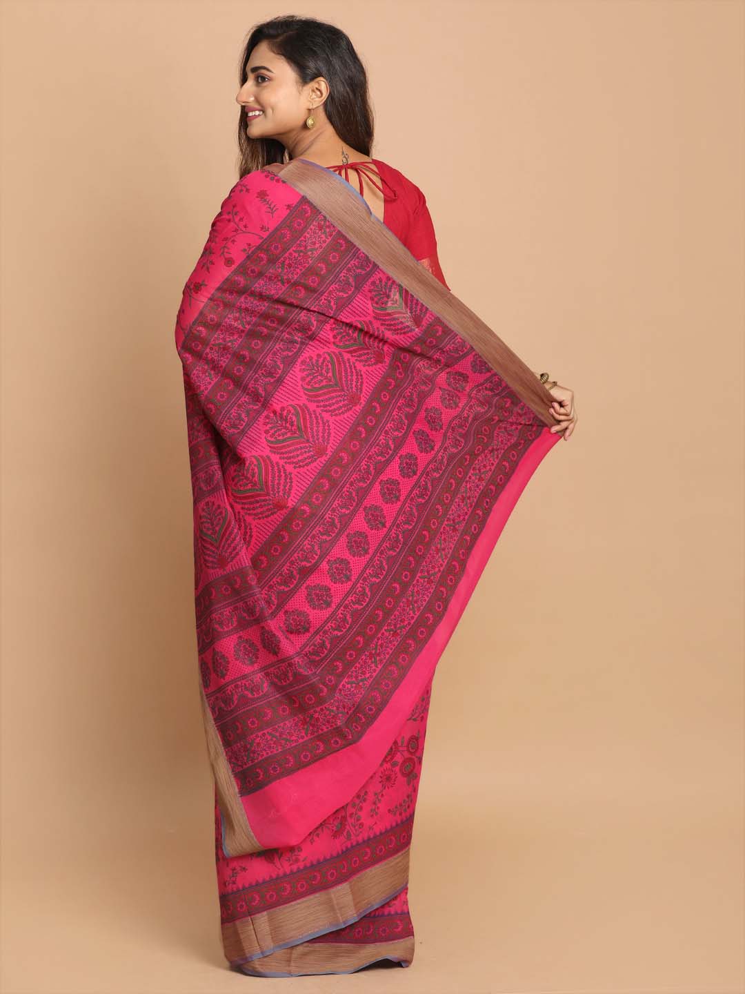 Indethnic Printed Cotton Blend Saree in Magenta - View 3