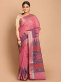 Indethnic Printed Cotton Blend Saree in Magenta - View 1