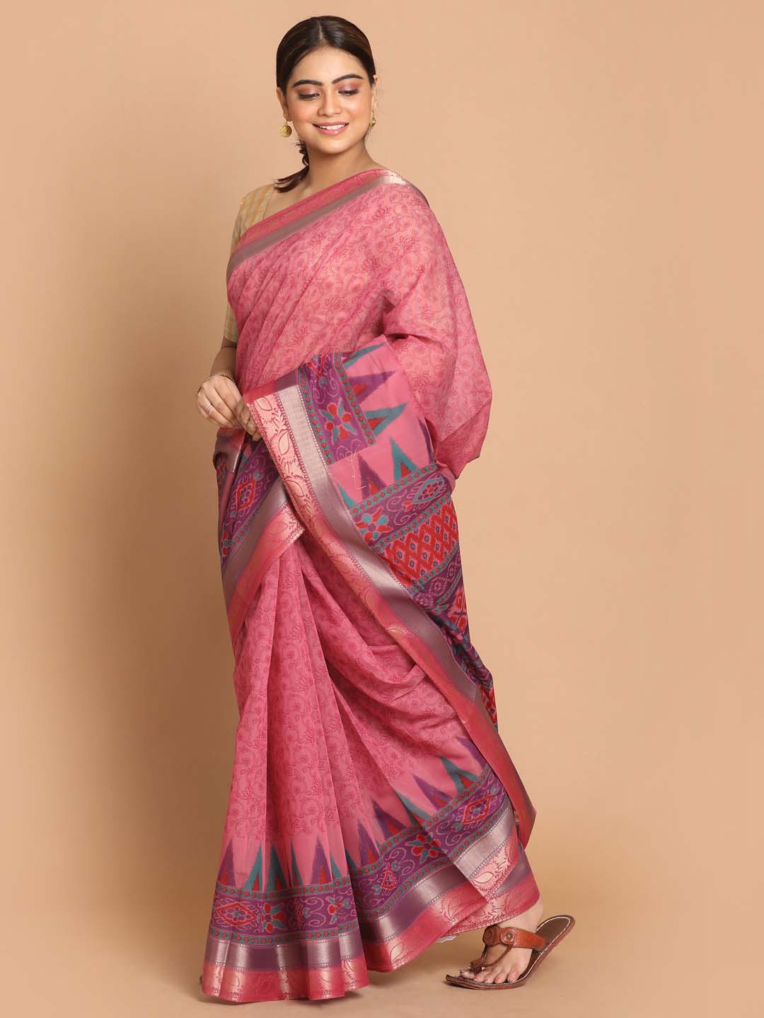 Indethnic Printed Cotton Blend Saree in Magenta - View 1