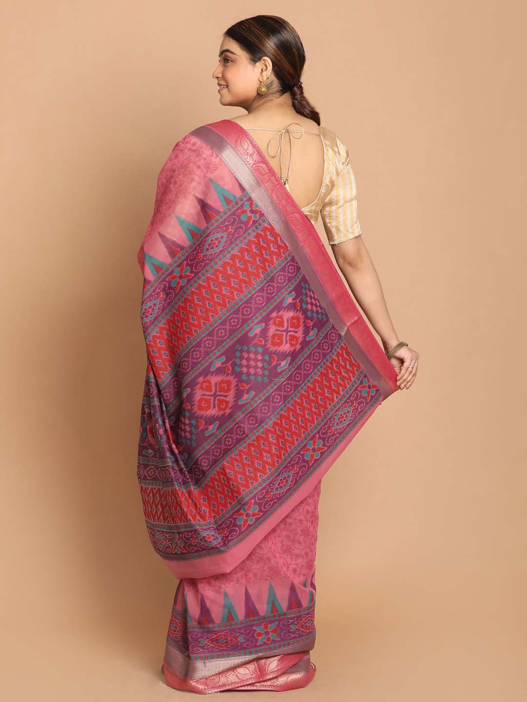 Indethnic Printed Cotton Blend Saree in Magenta - View 3