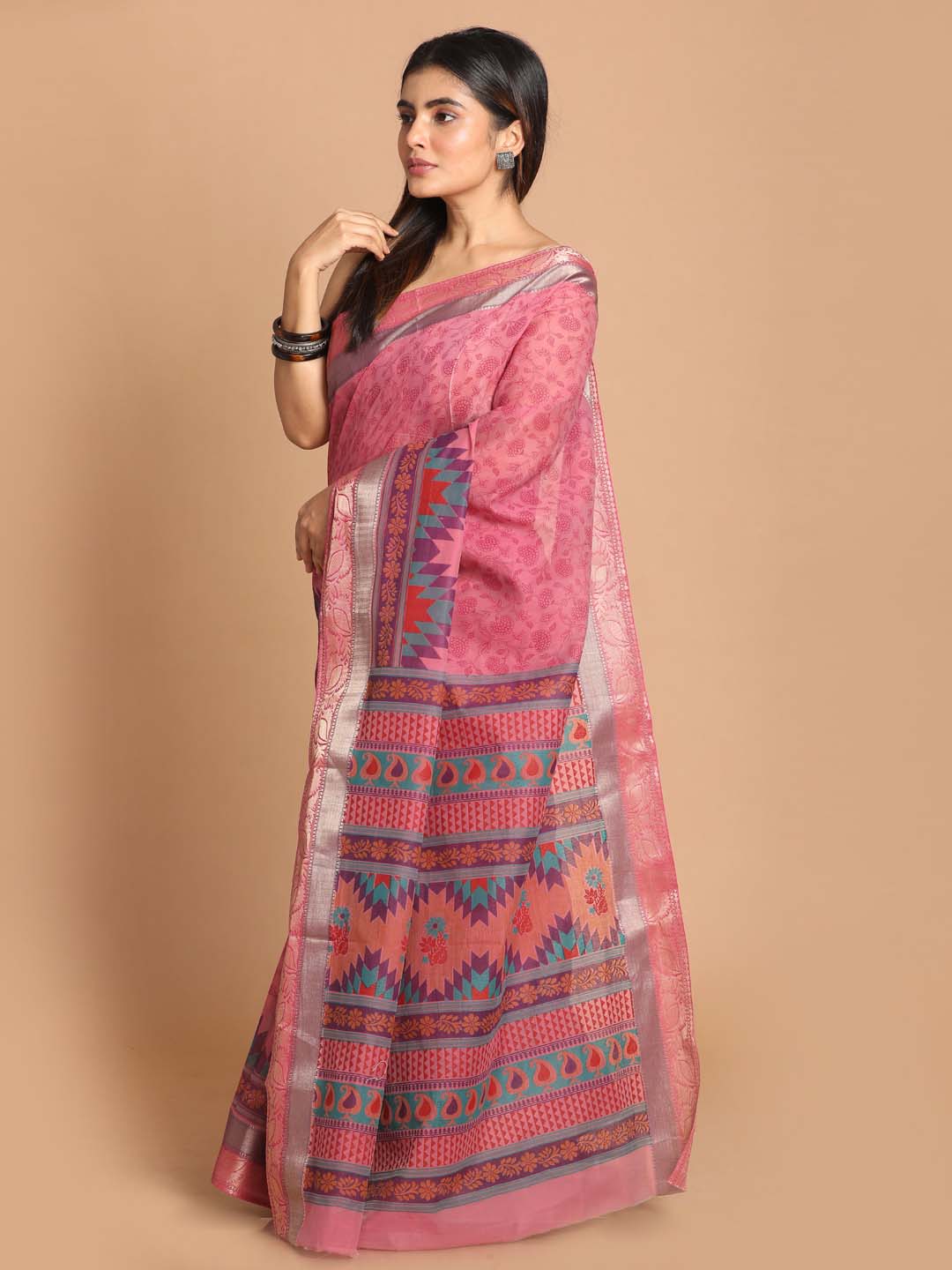 Indethnic Printed Cotton Blend Saree in Magenta - View 2