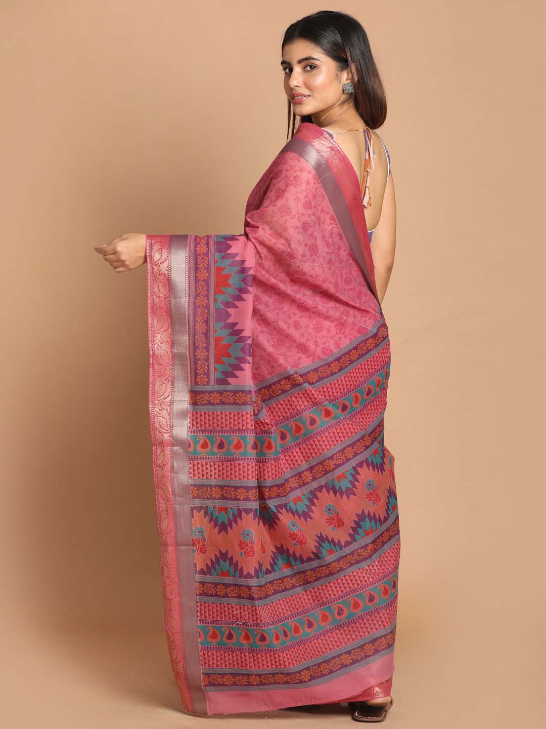 Indethnic Printed Cotton Blend Saree in Magenta - View 3