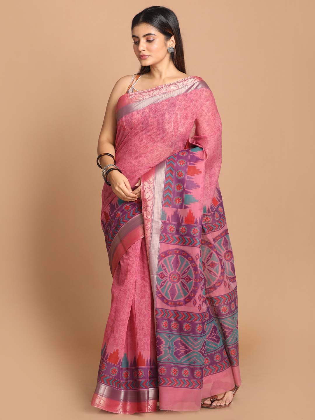 Indethnic Printed Cotton Blend Saree in Magenta - View 1