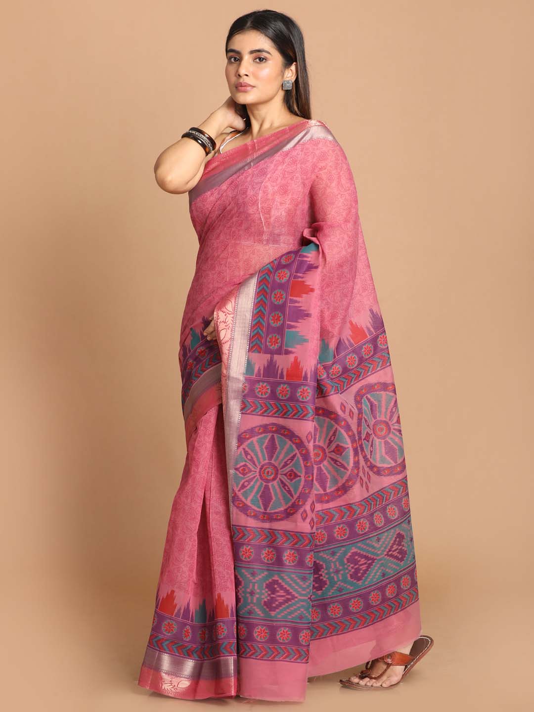 Indethnic Printed Cotton Blend Saree in Magenta - View 2