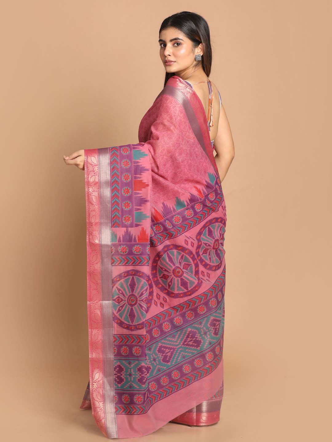 Indethnic Printed Cotton Blend Saree in Magenta - View 3