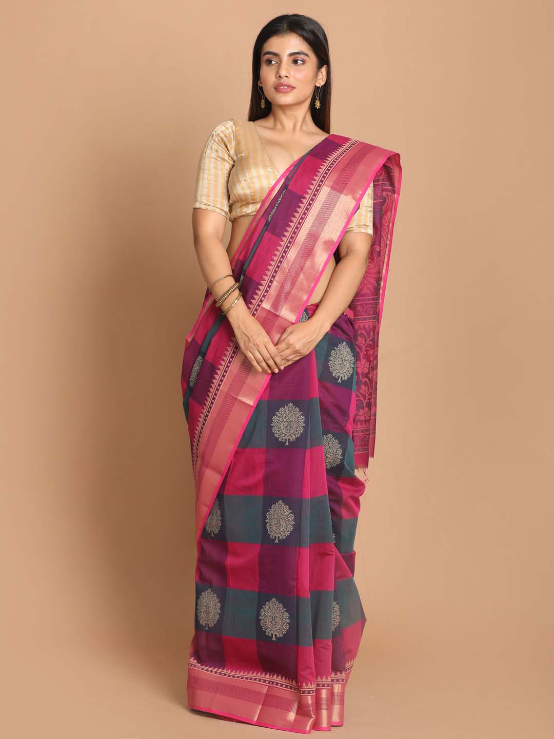 Indethnic Printed Cotton Blend Saree in Magenta - View 1