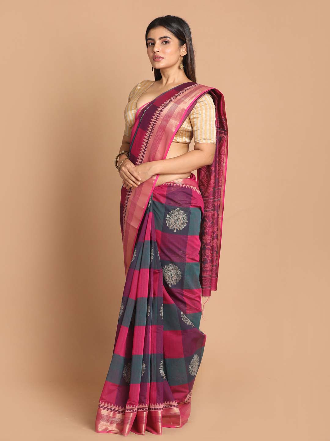 Indethnic Printed Cotton Blend Saree in Magenta - View 2